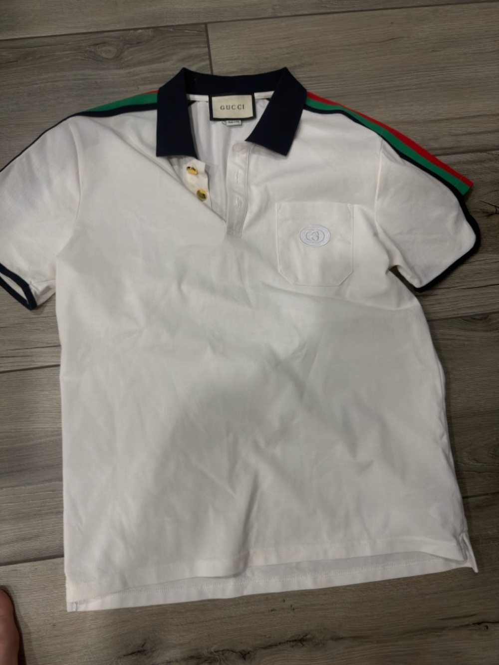 Gucci White Polo with Black Collar and Gold Buttons
